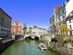 Capital of Slovenia, panoramic view with old town and castle.