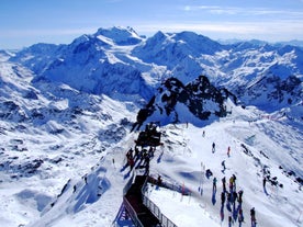 Photo of aerial view of Verbier and details of the skiing resort, Swiss Alps, Switzerland.