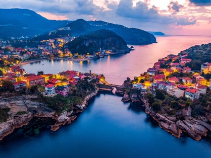 photo of beautiful night aerial view of Amasra and Kemere Bridge in Turkey.