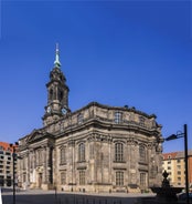 Photo of scenic summer view of the Old Town architecture with Elbe river embankment in Dresden, Saxony, Germany.