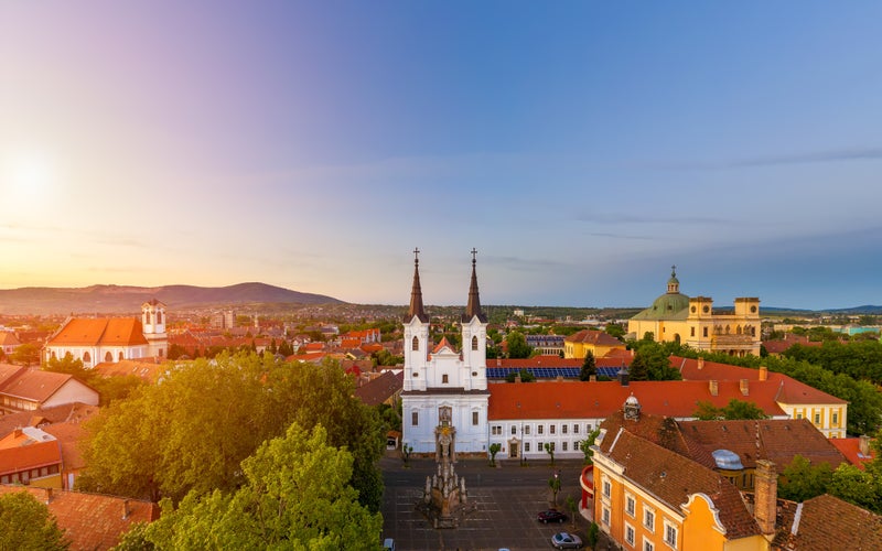 Hungary Vac City. Saint Anna piraist chuch. built in 1745. It has opposite of bath. Amazing aerial cityscape about Vac with drone