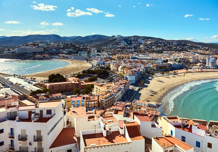 Photo of view to the Peniscola two beaches, view from the castle. Costa del Azahar, province of Castellon.