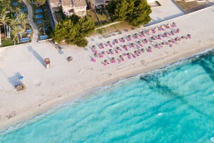 Aerial view with Sant Pere beach of Alcudia, Mallorca island, Spain.