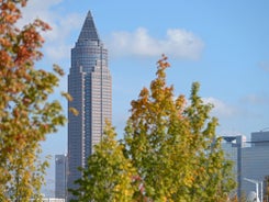 Photo of beautiful aerial view of Frankfurt at sunset Germany financial district skyline.