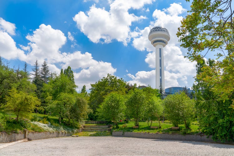 Photo of botanical Garden and Atakule in background in the spring, Ankara, Turkey.