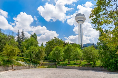 Photo of botanical Garden and Atakule in background in the spring, Ankara, Turkey.