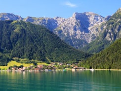 Photo of aerial view of beautiful landscape at the Achensee lake in Austria.