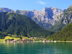 Photo of aerial view of beautiful landscape of Pertisau at the Achensee lake in Austria.