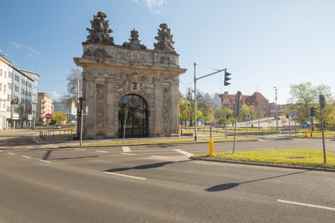 Szczecin / Port gate and city view in Szczecin ,Poland.