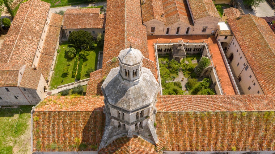 Aerial view of the tower bell and cloister of Fossanova Abbey located in Priverno, Italy.