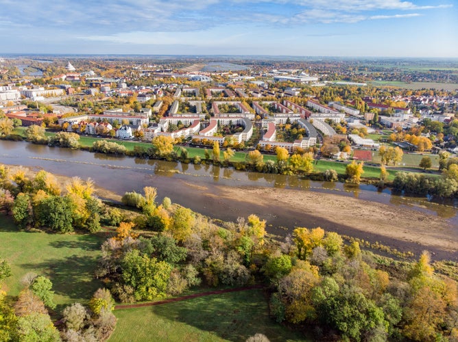 An aerial shot of a landscape in autumn in Magdeburg, Germany