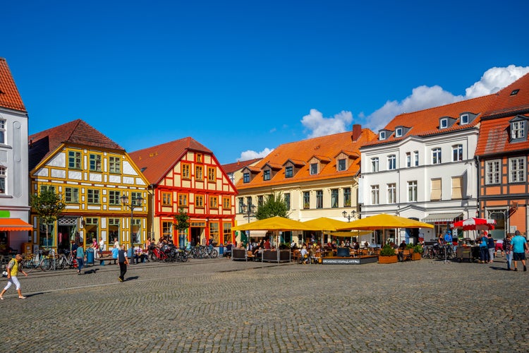 Photo of historical market in Waren Mueritz, Mecklenburg Vorpommern, Germany.