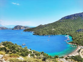 Photo of aerial view of Oludeniz Bay view in Fethiye Town, Turkey.