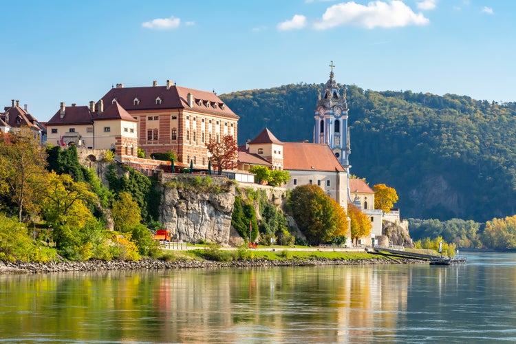 photo of view of Durnstein town in Wachau valley in autumn, Austria.