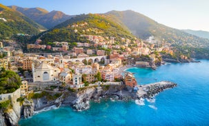 Photo of beautiful landscape of panoramic aerial view port of Genoa in a summer day, Italy.