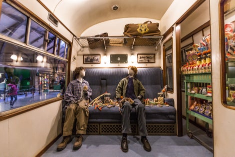 Scene inside Hogwarts express from Harry Potter film in the Warner Brothers Studio tour 'The making of Harry Potter'.