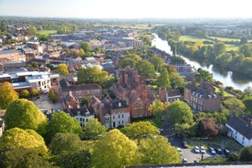 Aerial drone view of Manchester city in UK on a beautiful sunny day.