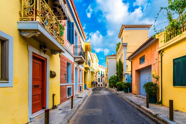 Photo of colorful street view in Plaka District of Athens.