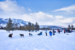 photo of panorama of ski resort with ski slopes and approaching snowstorm in Geilo, Norway.