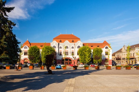photo of view of Beautiful view on art nuoveau building of Miner Hotel (King Stephan Hotel) on Liberty square of Baia Mare, main city of Maramures County, Romania.