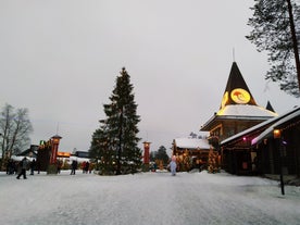 Rovaniemi Finland, panorama of the city with Kemijoki river in the back and Ounasvaara fell with the city heart at the left.