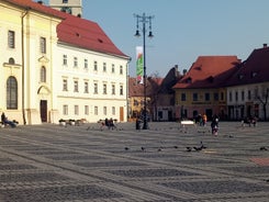 Photo of the Small Square piata mica, the second fortified square in the medieval Upper town of Sibiu city, Romania.