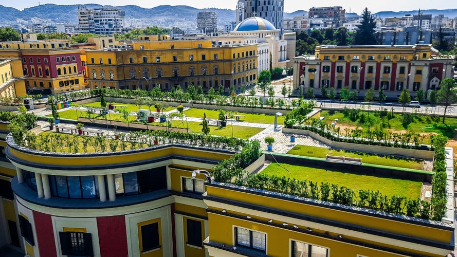 Tirana, Albania , panorama of the capital of Albania, Tirana, modernist blocks of flats and tall modern skyscrapers