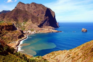 Photo of panoramic aerial view of idyllic coastal village of Porto da Cruz Madeira island, Portugal.