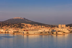 photo of an aerial view of the port of Toulon, La Seyne Sur Mer and seaside of Rade des vignettes in France.