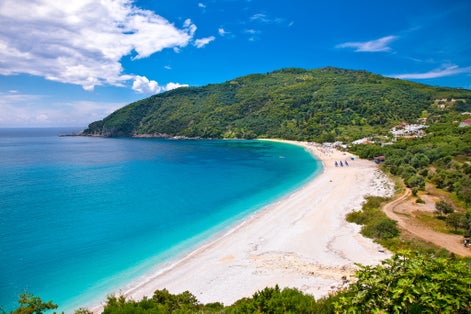 Photo of beautiful Lichnos beach near Parga village, Greece.