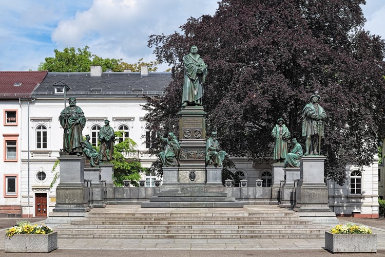 Martin Luther Monument in Worms, Germany. The monument was unveiled in 1868. The german text on the pedestal reads: "Here I stand, I cannot do otherwise. God help me! Amen!"