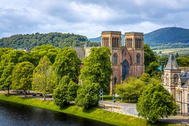 photo of Pitlochry panoramic aerial view with church. Pitlochry is a town in the Perth and Kinross council area of Scotland.