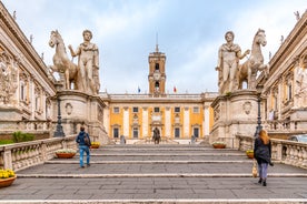 Aerial panoramic cityscape of Rome, Italy, Europe. Roma is the capital of Italy. Cityscape of Rome in summer. Rome roofs view with ancient architecture in Italy. 