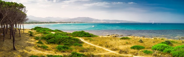 Photo of aerial view of Budoni beach on Sardinia island, Sardinia, Italy.