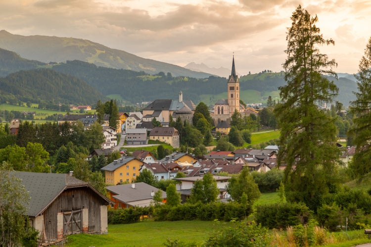 photo of Radstadt houses and church Maria Unbefleckte Empfängnis, Styria, Austrian Tyrol, Austria, Europe.