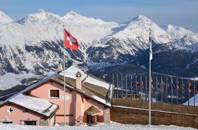 photo of St. Moritz, the famous resort region for winter sport, from the high hill in Switzerland.