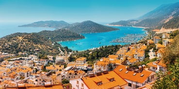 Photo of majestic panoramic aerial view of seaside resort city of Kas in Turkey.