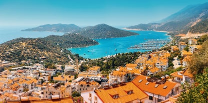 Photo of majestic panoramic aerial view of seaside resort city of Kas in Turkey.