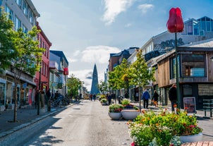 Panoramic view of Reykjavik, the capital city of Iceland, with the view of harbor and mount Esja.