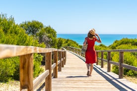 photo of aerial panoramic drone point of view Cabo Roig coastline with blue Mediterranean Seascape view, residential buildings near sandy beach at sunny summer day. Province of Alicante, Costa Blanca. Spain.