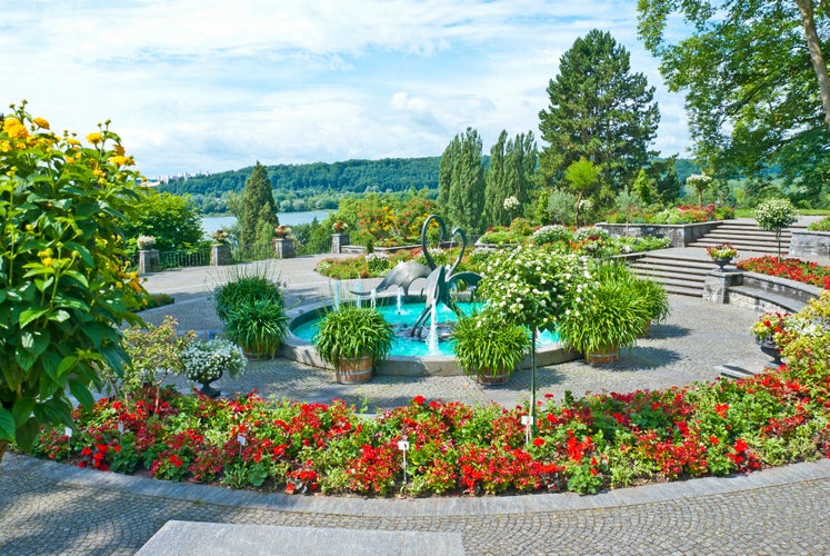 Beautiful gardens located on the Mainau Island, Germany. The Mediterranean Terrace with the fountain arena offers an amazing view to Lake Constance.