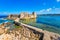 photo of  view of Picture of the watchthower from the medieval castle at Methoni, southern Greece, as it extends into the sea., Methoni, Greece.