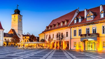 Photo of the Small Square piata mica, the second fortified square in the medieval Upper town of Sibiu city, Romania.