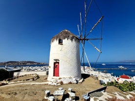 Photo of aerial view of the beautiful beach of Agios Ioannis Diakoftis on the island of Mykonos, Greece.