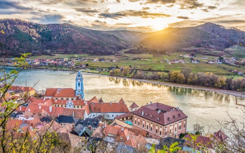 Photo of the Panoramic aerial view of beautiful Wachau Valley with the historic town of Durnstein.