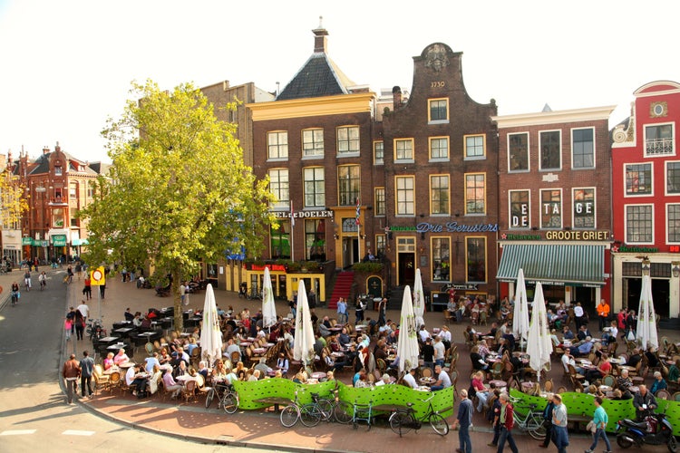 Groningen, Netherlands,People enjoy the terraces in the city center of Groningen.