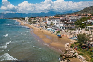 Photo of aerial view of beautiful coastal landscape with old town of Gaeta, Italy.