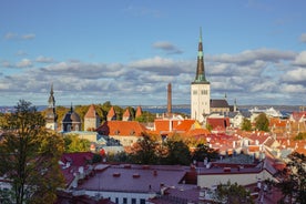 Scenic summer view of the Old Town and sea port harbor in Tallinn, Estonia.