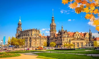 Photo of scenic summer view of the Old Town architecture with Elbe river embankment in Dresden, Saxony, Germany.