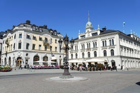 Photo of main place of Vimmerby with well and tourist office, Sweden.